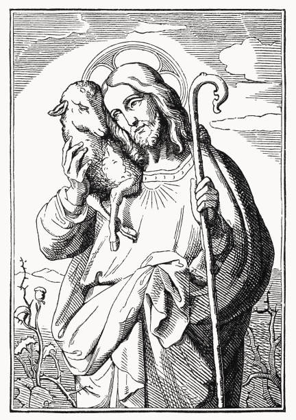 The Good Shepherd, wood engraving, published in 1894 vector art illustration