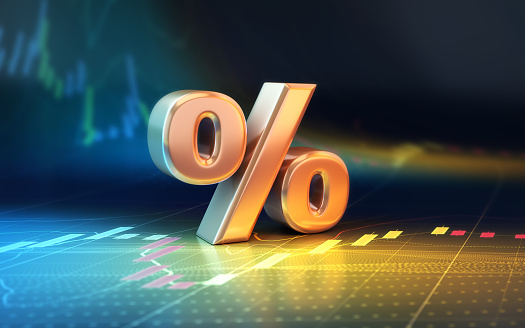3d render Metallic Percent sign sitting on Blue and Orange Finance stock market chart background (Depth of field)