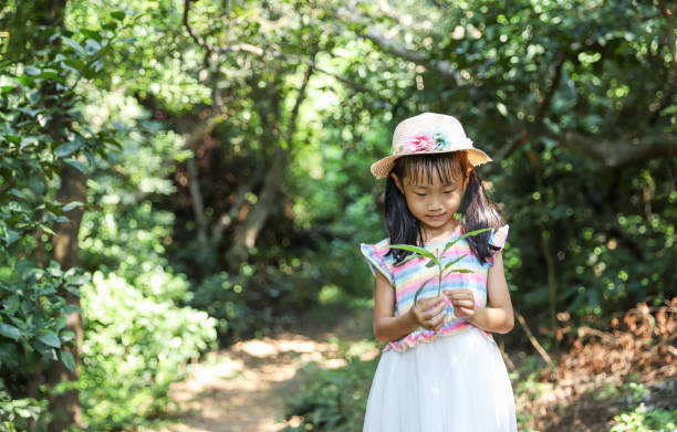 a smiling Asian girl take photos with a digital camera in a forest.