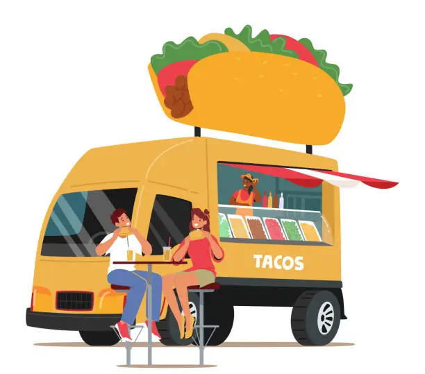 Vector illustration of Street Food, Van Cafe Concept. Young People Enjoying Hot Dogs in Outdoor Summer Bistro. People Eating Fast Food