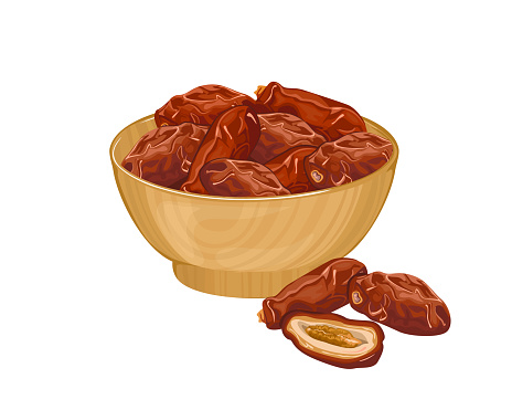 Dates Fruit In Wooden Bowl Isolated On White Background Vector Cartoon ...