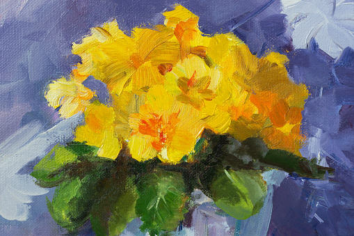 Yellow primrose oil painting. A fragment of the original author's painting. Bright yellow buds on the purple trend color of 2022. Modern painting, impressionism. A postcard layout for graphic design.