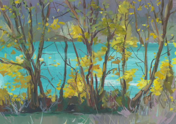 illustrazioni stock, clip art, cartoni animati e icone di tendenza di paesaggio autunnale lago gouache pittura - coastline branch day summer