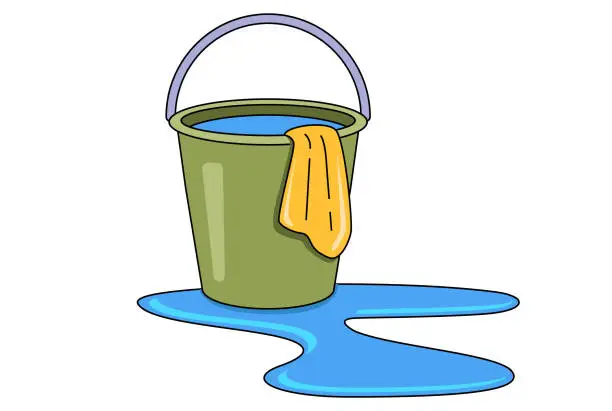 Vector illustration of bucket of water to wash the floor. wipe off the water with a rag. flat vector illustration.