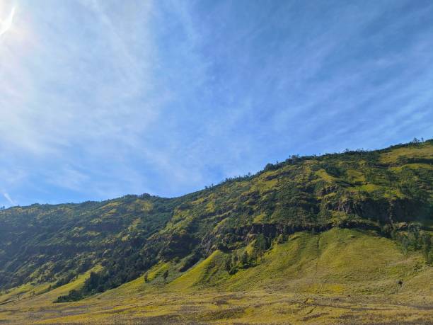 istock Green hill against blue sky background 1432569348