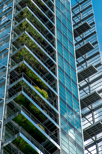 Solar panels built into a modern glass building