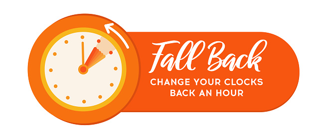 Daylight Saving Time Ends, Fall Back, Web Banner Reminder. Vector illustration with clocks turning an hour back