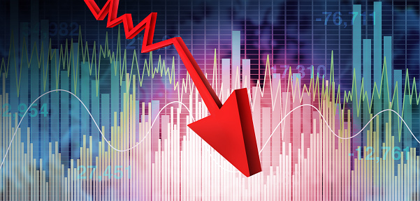 Market decline and financial market crash as a downward red arrow pointing down  with finance business graph and chart representing a stock market recession or depression with 3D illustration elements.