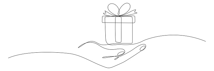 Human hand holding gift box continuous line art drawing. One line surprise. Birthday symbol. Vector isolated on white.
