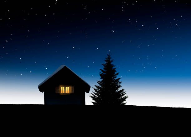 istock Log cabin with illuminated window and fir tree at night in winter 1432573861
