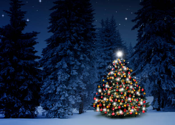 istock Shiny Christmas tree against a blue background in the snow 1432573868