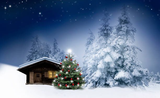 istock Shiny Christmas tree by a log cabin in the snow 1432573877