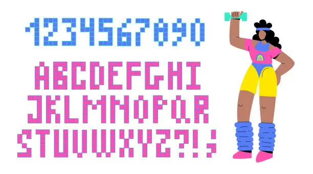 Vector illustration of Latin alphabet of the 90s, 80s in retro style. The girl does aerobics and the letters are 8-bit. Retro font made of pixels