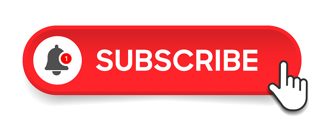 Subscribe button Bell, notification icon button and hand cursor click. Red button subscribe to channel social media, marketing, blog. Vector illustration for website, mobile app, UI UX. EPS 10