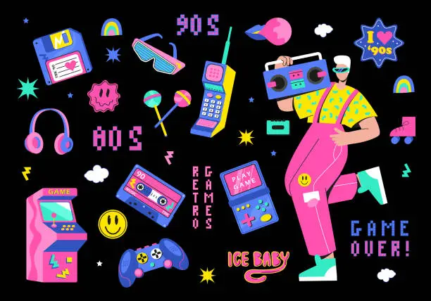 Vector illustration of A big retro set of the 90s, 80s. Guy dancing and games, cassette, arkanoid, joystick, set-top box, headphones, pixels