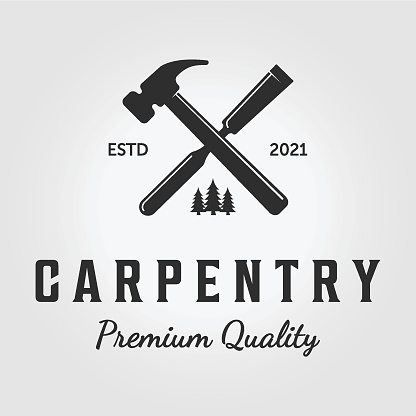 Design of Carpentry Logo Vector, Handcraft Concept with Hammer and Chisel, Vintage Illustration of Wood working