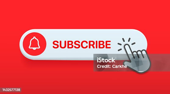 istock Subscribe button Bell, notification icon button and hand cursor click. Red button subscribe to channel social media, marketing, blog. Vector illustration for website, mobile app, UI UX. EPS 10 1432577138