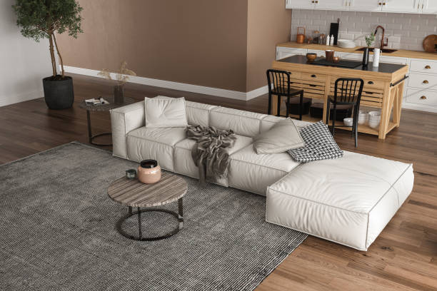 istock Modern Living, dining room and kitchen with panoramic view 3d rendering.The Room has wooden floors, decorate with white furniture, beige and white walls.Overlooks tree and landscape view. 1432578968