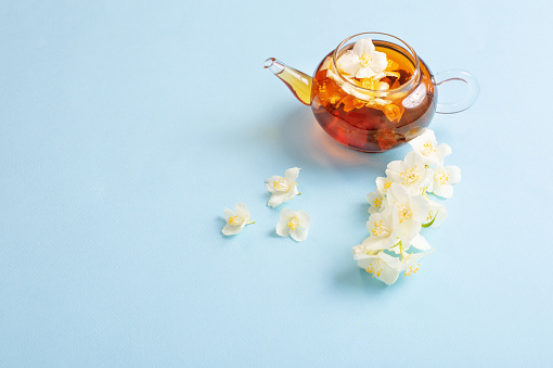 jasmine tea in glass teapot on blue background