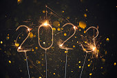2023 Frohes Neues Jahr Silvester Grußkarte mit brennenden goldenen Wunderkerzen glänzenden Glitzerlichtern