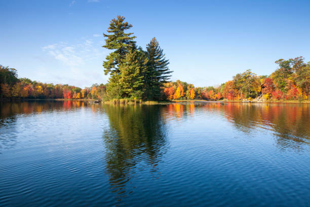 Pretty blue lake with trees in autumn color and a small island on a bright morning stock photo