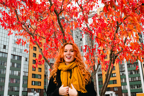 Portrait of a girl standing in the red autumn leaves of a tree against the background of a high rise building.