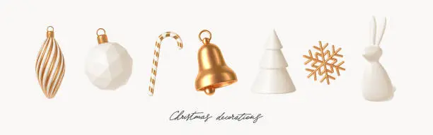 Vector illustration of Set of white and gold realistic Christmas decorations. 3d render vector illustration. Design elements for greeting card or invitation.