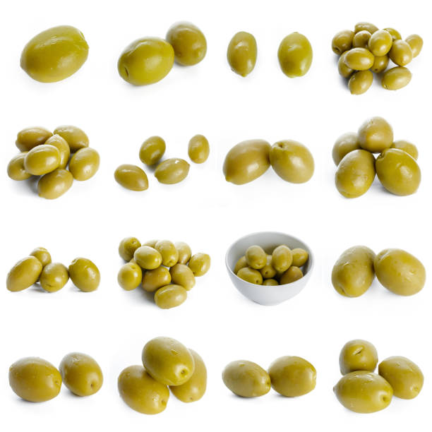 istock Seamless pattern with green olives. Vegetables abstract background. Olive on the white background 1432584822