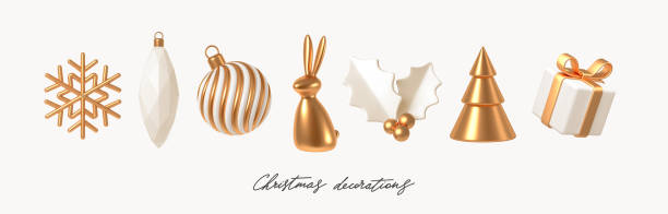 illustrations, cliparts, dessins animés et icônes de ensemble de décorations de noël réalistes blanches et dorées. illustration vectorielle de rendu 3d. éléments de conception pour carte de vœux ou invitation. - christmas ornament christmas bow christmas decoration