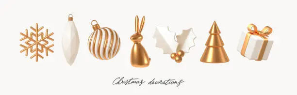 Vector illustration of Set of white and gold realistic Christmas decorations. 3d render vector illustration. Design elements for greeting card or invitation.