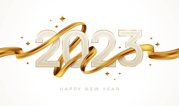 2023 neujahrslogo mit goldenem pinselstrich. neujahrsschild mit goldenem band. vektorillustration. - neujahr stock-grafiken, -clipart, -cartoons und -symbole