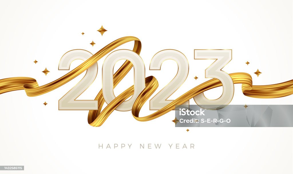 Logo du Nouvel An 2023 avec coup de pinceau doré. Signe du Nouvel An avec ruban d’or. Illustration vectorielle. - clipart vectoriel de 2023 libre de droits