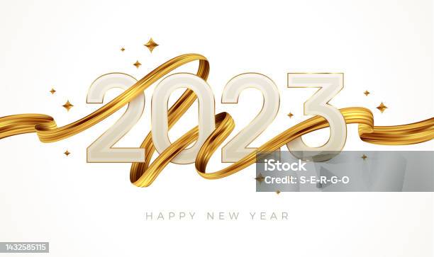 Logo Du Nouvel An 2023 Avec Coup De Pinceau Doré Signe Du Nouvel An Avec Ruban Dor Illustration Vectorielle Vecteurs libres de droits et plus d'images vectorielles de 2023