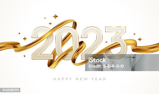 istock 2023 New Year logo with golden paint brushstroke. New Year sign with golden ribbon. Vector illustration. 1432585115