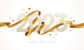 istock 2023 New Year logo with golden paint brushstroke. New Year sign with golden ribbon. Vector illustration. 1432585115