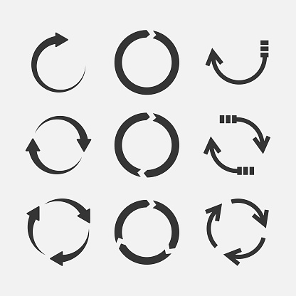 Circle arrow icon silhouette set. Loading, recycle or repeat sign. Interconnecting round. One, two, three arrow in the loop. Vector illustration