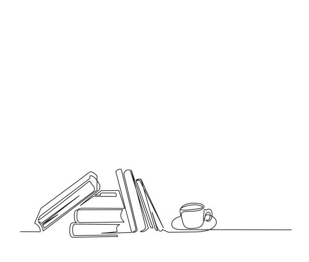 Continuous line art drawing of books and a cup of cofee. A cup of coffe over the books single line art drawing vector illustration. Continuous line art drawing of books and a cup of cofee. A cup of coffe over the books single line art drawing vector illustration. bookstore stock illustrations