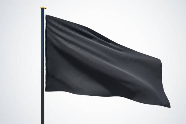 istock Blank black flag waving in the wind with copyspace for your logo or text isolated on light grey background. 3D rendering, mock up 1432586668