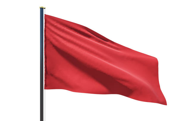 istock Blank red flag waving in the wind with copyspace for your logo or text isolated on white background. 3D rendering, mock up 1432586670