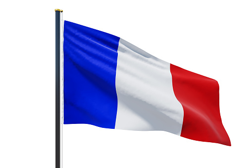 Flag of France country waving in the wind with copyspace for your logo or text isolated on white background. 3D rendering