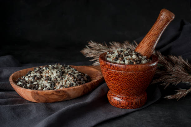 istock Sea salt and ground black pepper in mortar pestle 1432587903