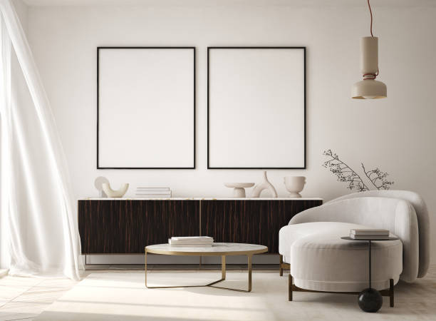mock up poster frame in modern interior background, living room, Contemporary style, 3D render, 3D illustration