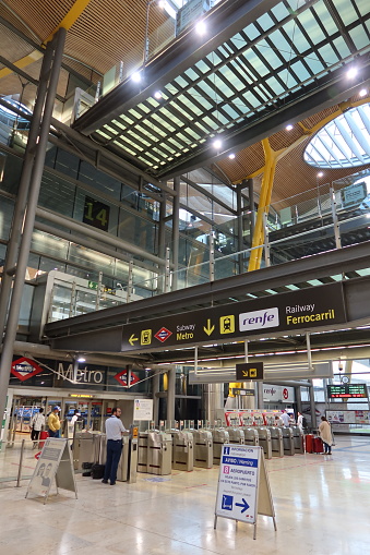 Adolfo Suarez Airport, Madrid, Spain, September 28, 2022: Vertical view, Entrance to Subway and Railway at Adolfo Suarez Airport in Madrid, Spain