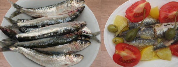 Fresh sardines and canned sardines in olive oil served with lemon confit, caperberries and tomatoes