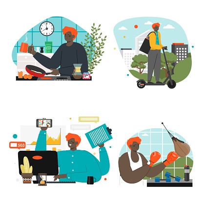 Job Routine Draws Man Daily Routine Vector Life And Work Scene Stock Illustration ...