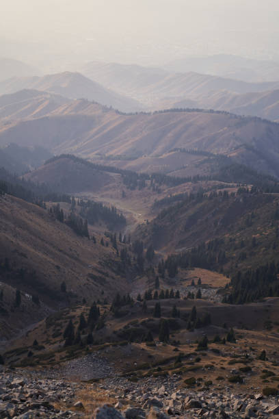 вертикальный пейзаж с прекрасным видом на горную долину на закате. - kazakhstan glacier snow mountain view стоковые фото и изображения