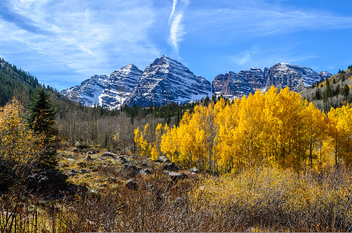 Fall Foliage in front of the Maroon Bells in Aspen, CO.