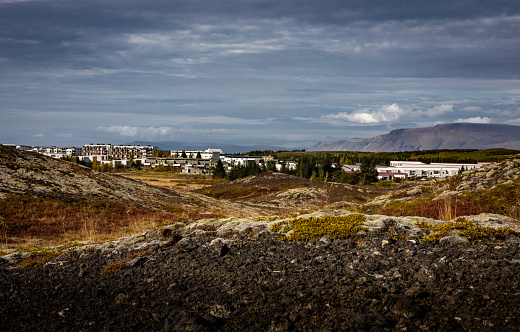 Reykjavik, Iceland - September 22, 2022: Volcanic landscape of Heidmork forest in autumn. Residential buildings of Reykjavik suburbs in background.