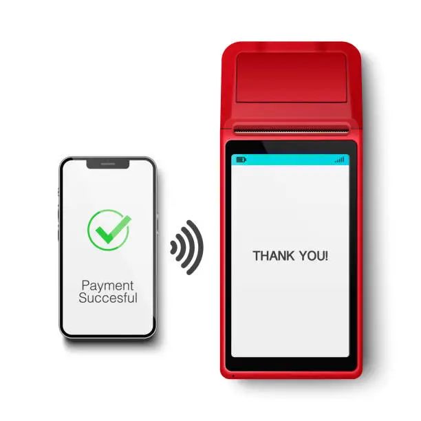 Vector illustration of Vector 3d NFC Payment Machine and Smartphone. Payment Succesful. Approved Transaction. POS Terminal, Machine, Phone Isolated. Design Template of Bank Payment Wireless Contactless Terminal, Mockup