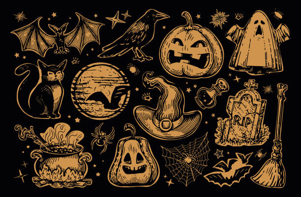 illustrations, cliparts, dessins animés et icônes de concept d’halloween. éléments de décor vintage effrayants et effrayants. illustration vectorielle de la collection de décorations de noël - antique engraved image moonlight night